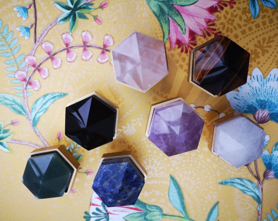 Blue Lapis Lazuli and brass hexagonal drawer pull/Geometric semi precious stone cabinet handle/Gemstone door knob/stone furniture hardware