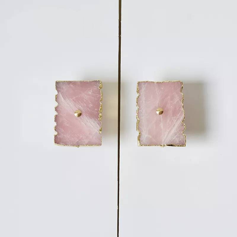 Large white or pink rose quartz rectangle drawer pull with gold edges/Pink gemstone slice cabinet handle/Square crystal slice door handle