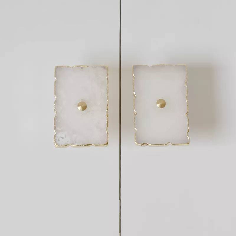 Large white or pink rose quartz rectangle drawer pull with gold edges/Pink gemstone slice cabinet handle/Square crystal slice door handle