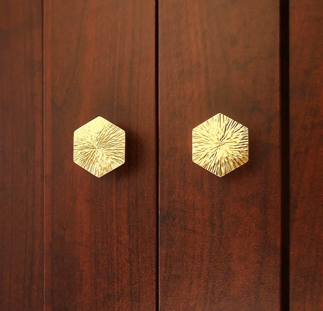 Solid brass scored texture hexagonal drawer pull/hexagonal cabinet handle/geometric door knob/Gold brass furniture hardware/hexagonal handle