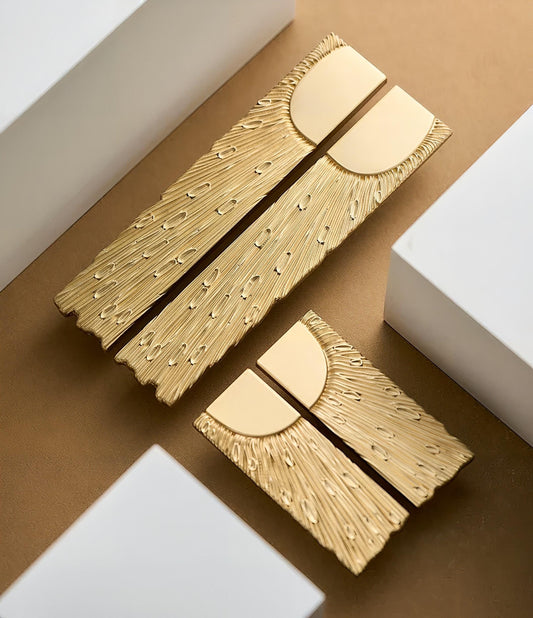 Gold brass sunray design rectangle bar handles/Gold sun ray drawer pull/kitchen cabinet handles/Brass door handles/Gold furniture hardware