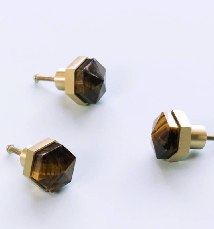 Golden Brown Tiger Eye hexagonal cabinet handle/Semi precious stone and brass pyramid drawer pull/Geometric brown stone door knob