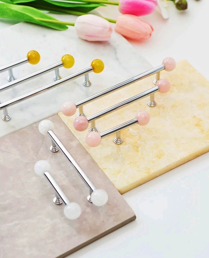 Silver bar handle with semi precious stone balls/Colourful cabinet handle/Stone furniture hardware/crystal drawer pull/Silver cabinet pull
