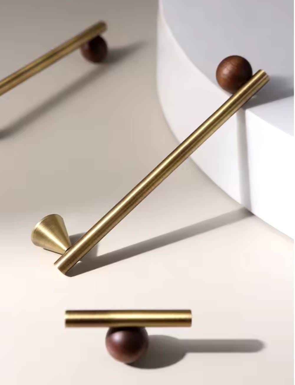 Bronze brass bar handle resting on walnut wood ball/Bronze and wood cabinet handle/Wooden furniture hardware/Bronze brass drawer pull