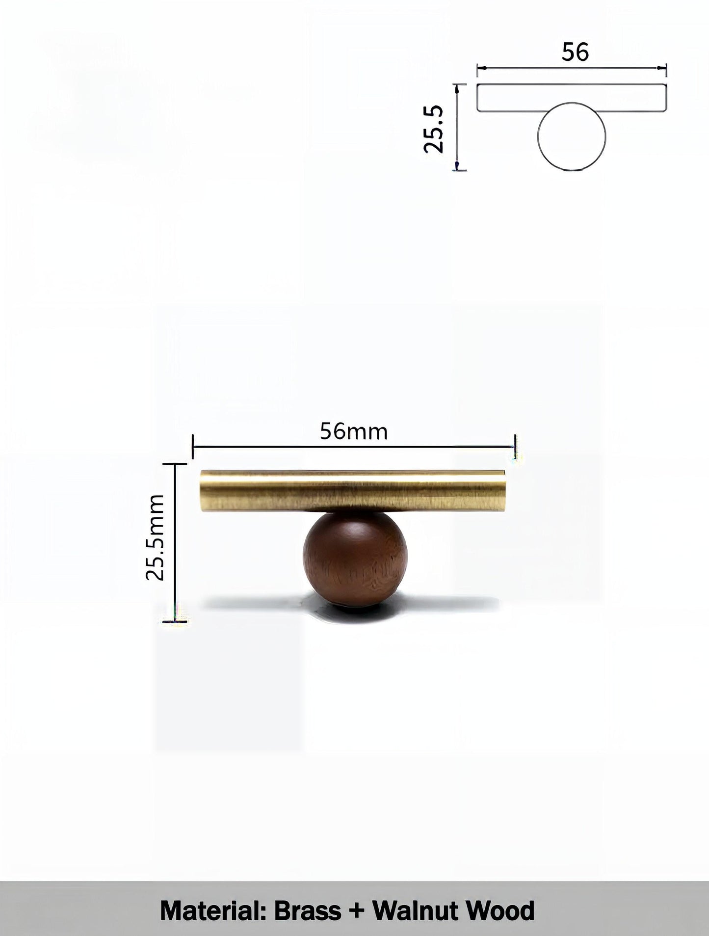 Bronze brass bar handle resting on walnut wood ball/Bronze and wood cabinet handle/Wooden furniture hardware/Bronze brass drawer pull