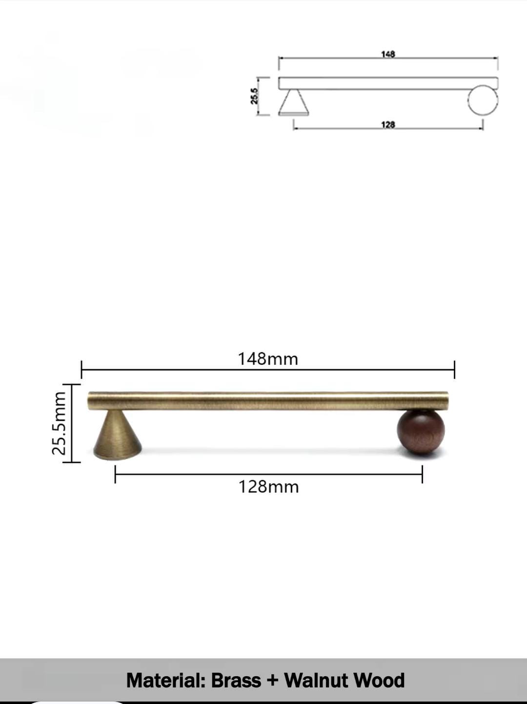 Bronze brass bar handle resting on walnut wood ball/Bronze and wood cabinet handle/Wooden furniture hardware/Bronze brass drawer pull