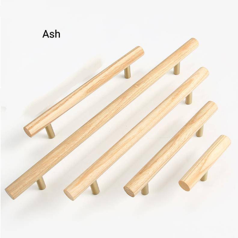 Smooth light wood and brass cabinet bar handle/Ash, Beech or Oak drawer pull/Wooden furniture hardware/Light wood and gold brass door handle