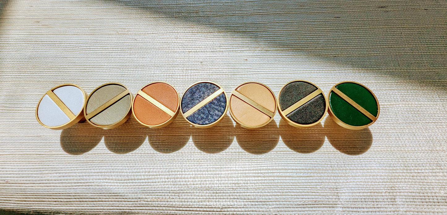Neutral colour leather insert split circle design cabinet handle/leather door handle/geometric drawer pull/gold furniture hardware/door knob