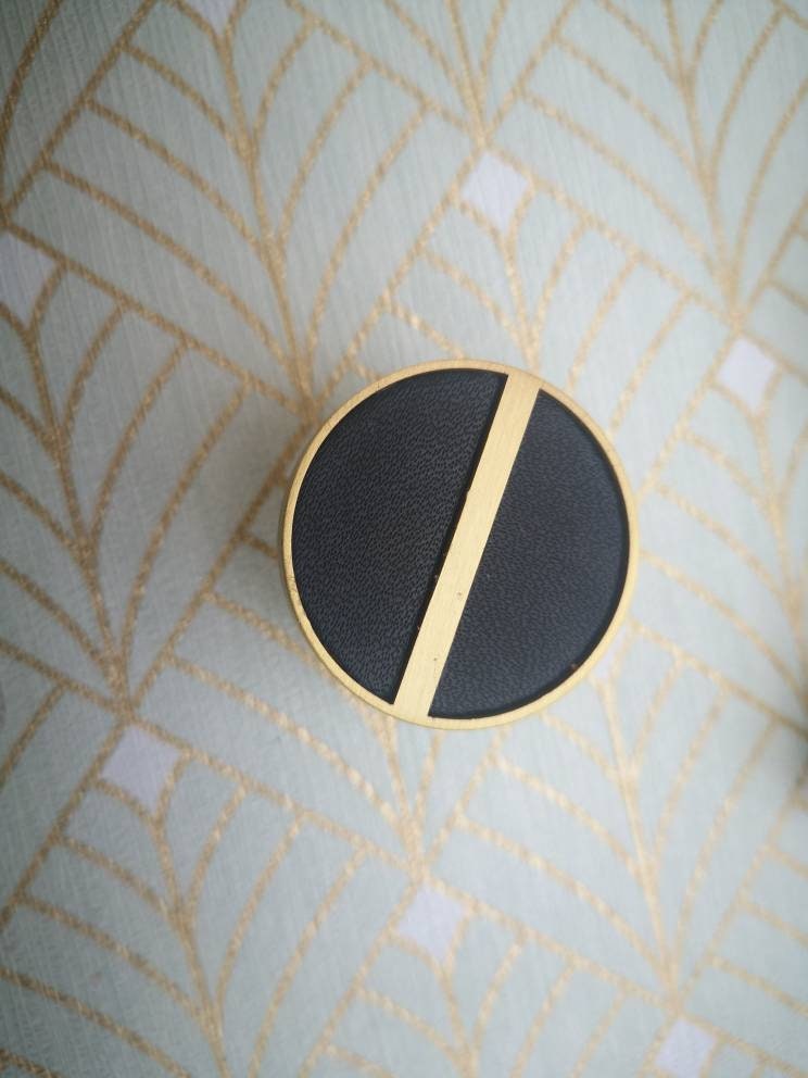 Neutral colour leather insert split circle design cabinet handle/leather door handle/geometric drawer pull/gold furniture hardware/door knob