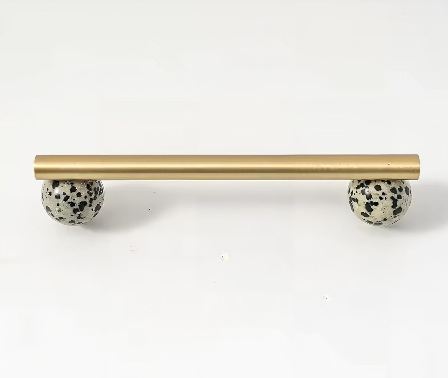 Silky matte gold brass bar handle resting on semi precious stone balls/colourful cabinet handle/stone furniture hardware/crystal drawer pull