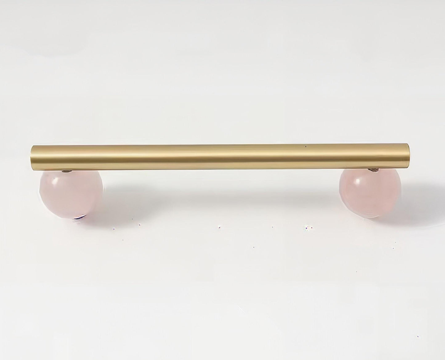 Silky matte gold brass bar handle resting on semi precious stone balls/colourful cabinet handle/stone furniture hardware/crystal drawer pull