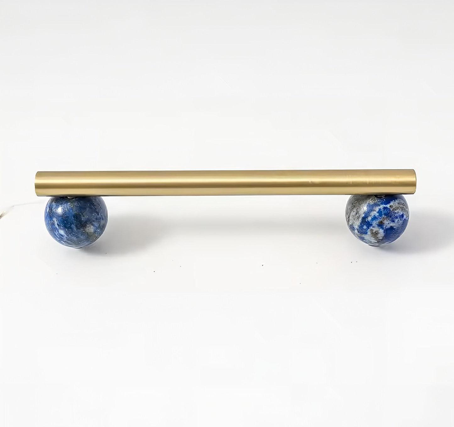 Silky matte gold brass bar handle resting on semi precious stone balls/colourful cabinet handle/stone furniture hardware/crystal drawer pull