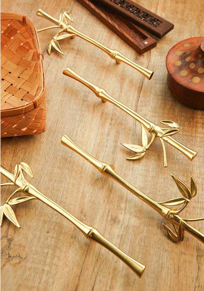 A Pair of shiny gold brass bamboo branch handles/Oriental design door handles/Wardrobe handles/Bamboo design drawer pulls/Brass hardware