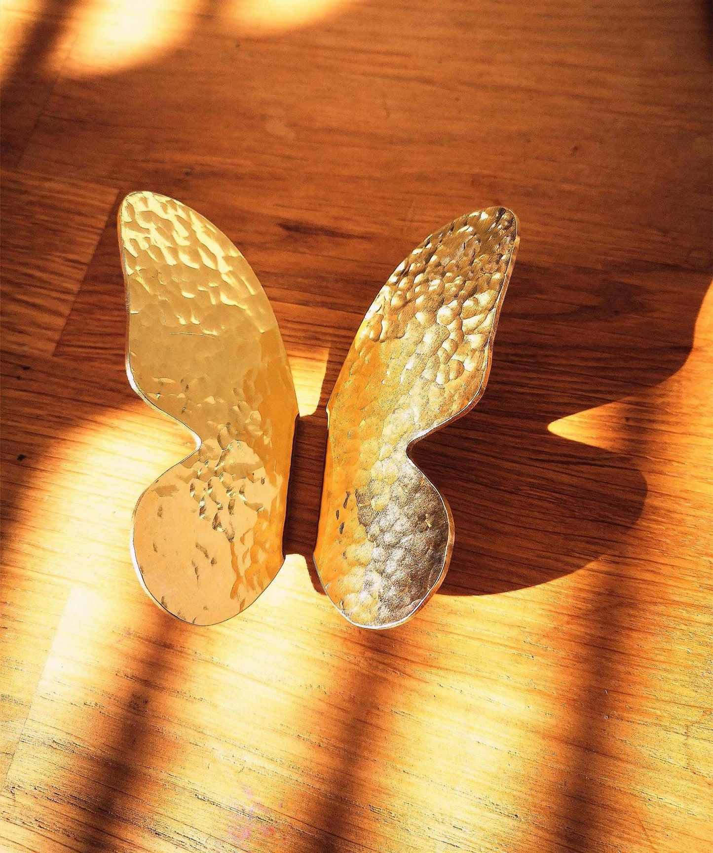 Pair of shiny hammered brass butterfly wing handles/gold butterfly door handles/textured brass hardware/nursery decor/gold kitchen handles
