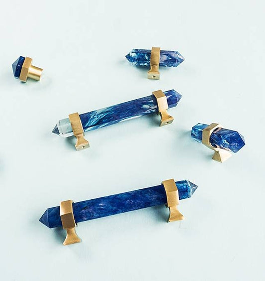 Hexagonal Indigo Blue crystal cabinet bar handle/Blue semi precious stone and brass drawer pull/Luxury furniture hardware/gemstone handle
