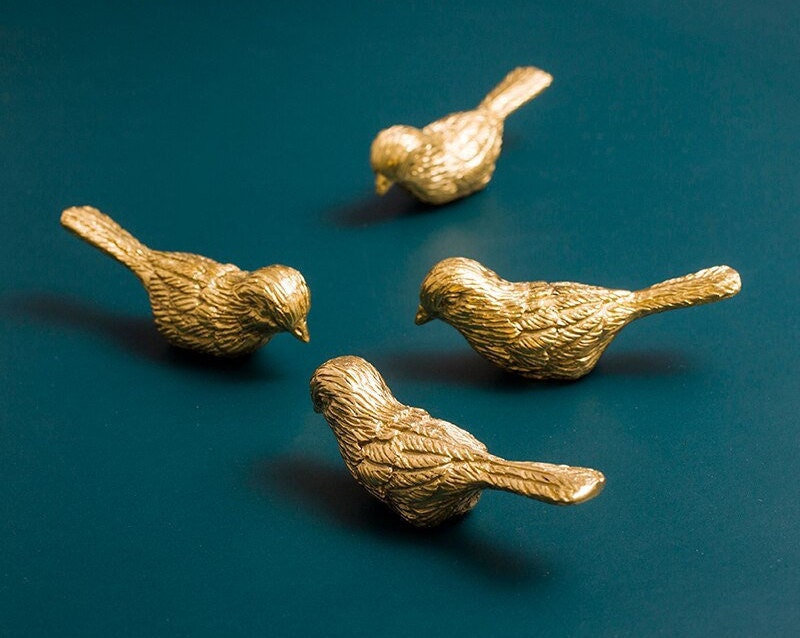 Small detailed gold bird drawer handle/Gold brass sparrow shaped cabinet pull/small chickadee door knob/nursery furniture hardware/gold bird