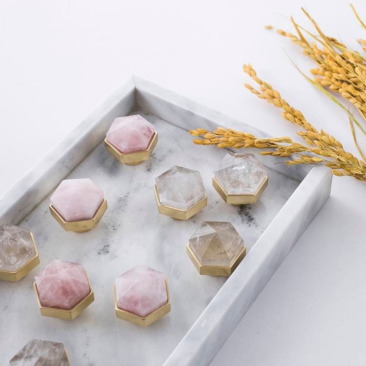 Pink rose quartz crystal hexagonal drawer pull/Pink semi precious stone and brass cabinet handle/Pink gemstone door knob/furniture hardware