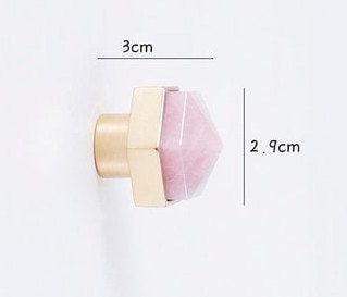 Pink rose quartz crystal hexagonal drawer pull/Pink semi precious stone and brass cabinet handle/Pink gemstone door knob/furniture hardware