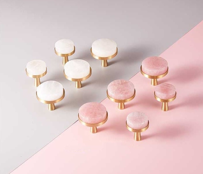 Round rose quartz crystal and brass drawer pull/large gemstone cabinet handle/pink crystal and brass door handle/Semi precious stone handle
