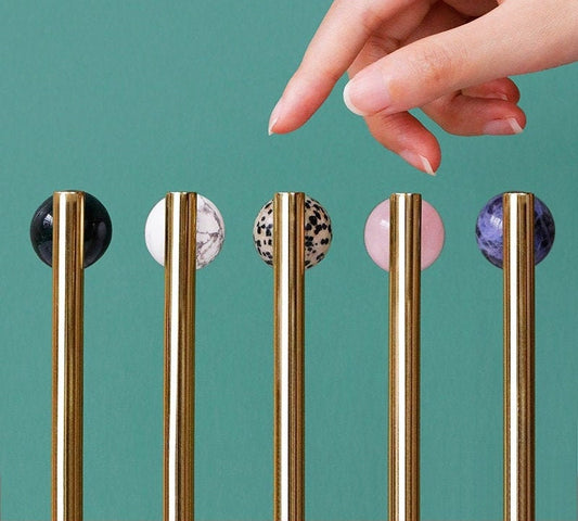 Shiny gold brass bar handle resting on semi precious stone balls/colourful cabinet handle/stone furniture hardware/crystal drawer pull
