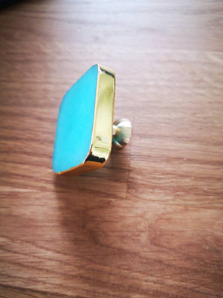Square blue quartz crystal drawer handle/turquoise coloured crystal and gold brass cabinet handle/gemstone door knob/blue crystal hardware