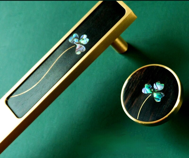 Pearl inlay drawer pull/Pearl and brass inlaid drawer pull/Intricate pearl inlay cabinet pull/Clover door handle/Luxury pearl hardware
