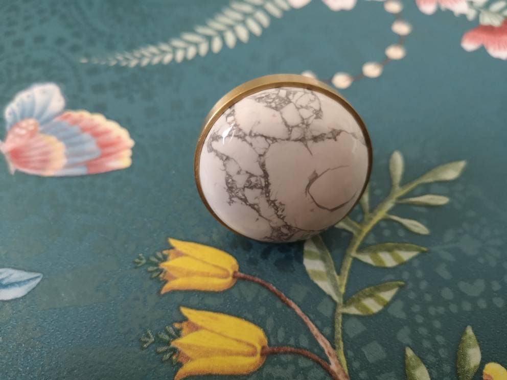 Round Smooth Polished white turquoise cabochon with brass surround Drawer pull Cabinet handle Knob door handles furniture hardware upcycling