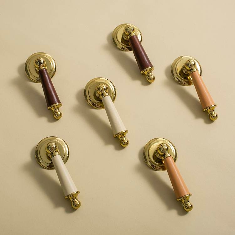 Neutral colour leather and shiny gold drop handle/Brass brown, tan and cream leather drop cabinet pull/Gold drop handle wrapped in leather