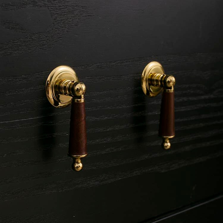 Neutral colour leather and shiny gold drop handle/Brass brown, tan and cream leather drop cabinet pull/Gold drop handle wrapped in leather
