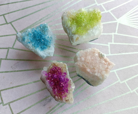 Dyed quartz crystal geode and brass cabinet handle/gemstone drawer handle/crystal door handle/raw semi precious stone door knob/rough quartz