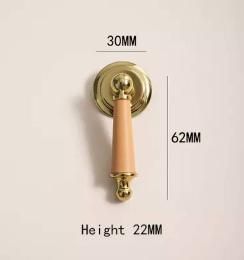 Neutral colour leather and shiny gold drop handle/Brass brown, tan and cream leather drop cabinet pull/Gold drop handle wrapped in leather