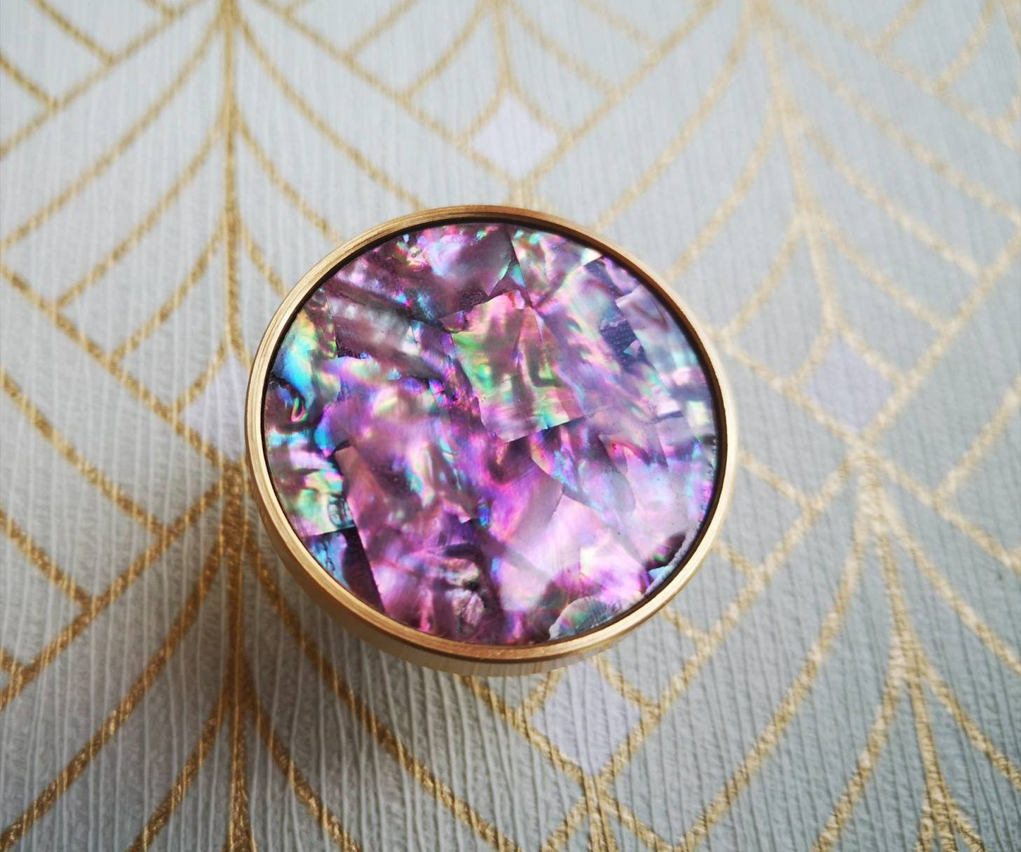 Pink mother of pearl drawer pull/liliac pearl and gold brass cabinet handle/round shell drawer knob/nursery decor/pink furniture hardware