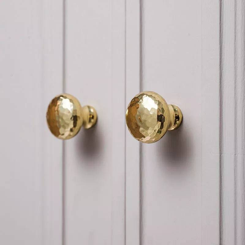 Round shiny gold hammered brass cabinet handle/Glittery gold drawer knob/Polished textured brass door handle/Solid brass furniture hardware