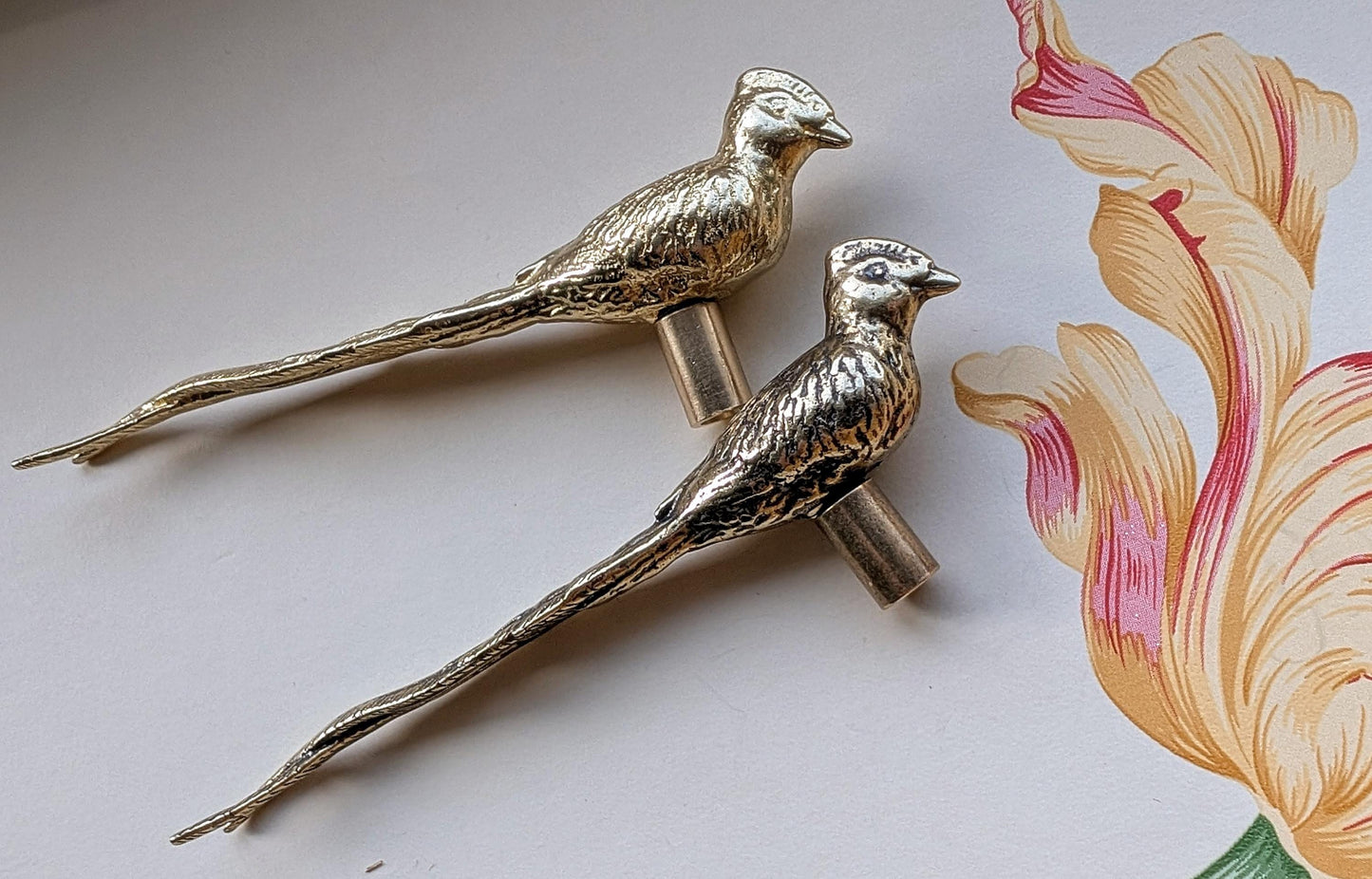 Bird of Paradise Cabinet Pull/Gold Brass Bird Door Handle/Bird shaped drawer handle/gold furniture hardware/Long Tailed Bird Cabinet Handle