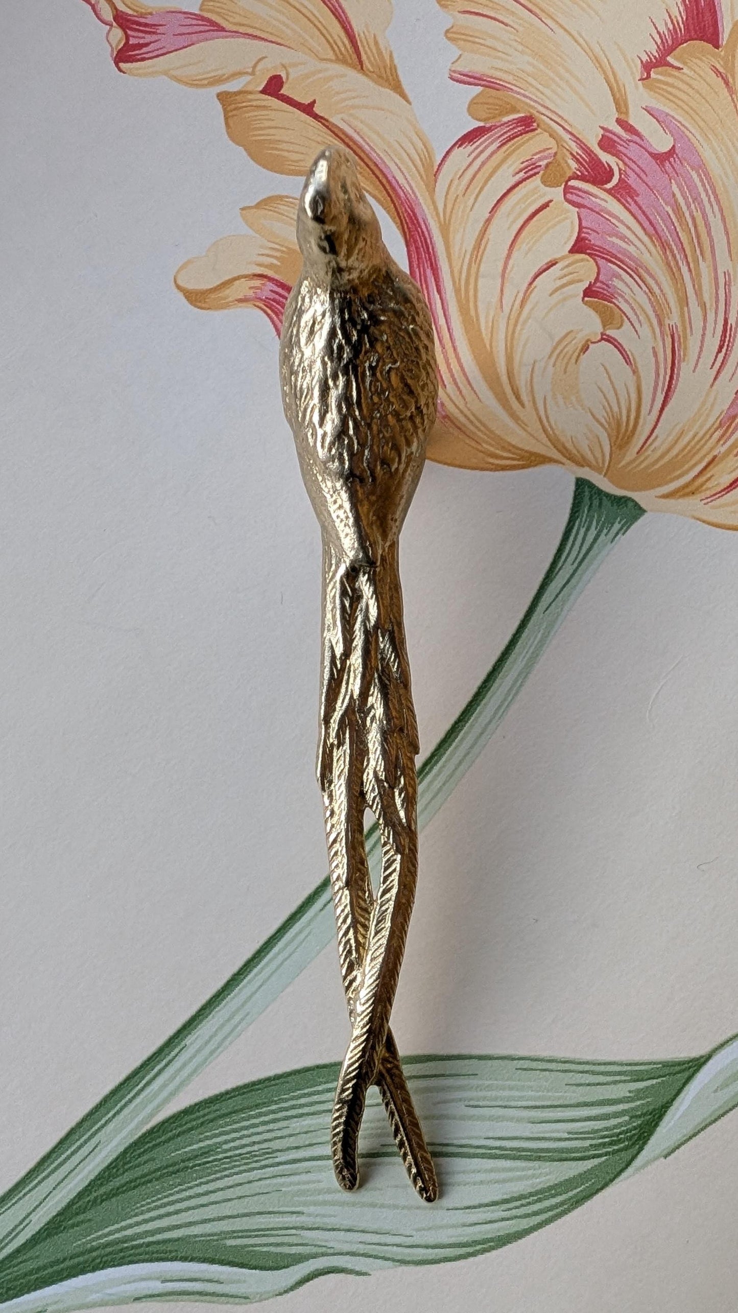 Bird of Paradise Cabinet Pull/Gold Brass Bird Door Handle/Bird shaped drawer handle/gold furniture hardware/Long Tailed Bird Cabinet Handle