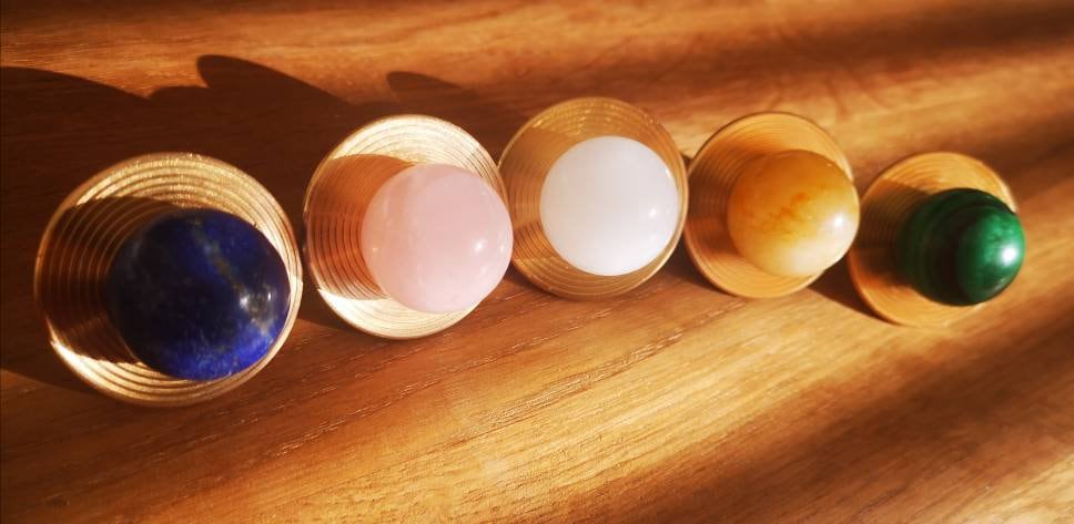 Round colourful semi precious stone ball and brass drawer pull/bright gemstone cabinet handle/Retro style door knob/mcm brass drawer handle