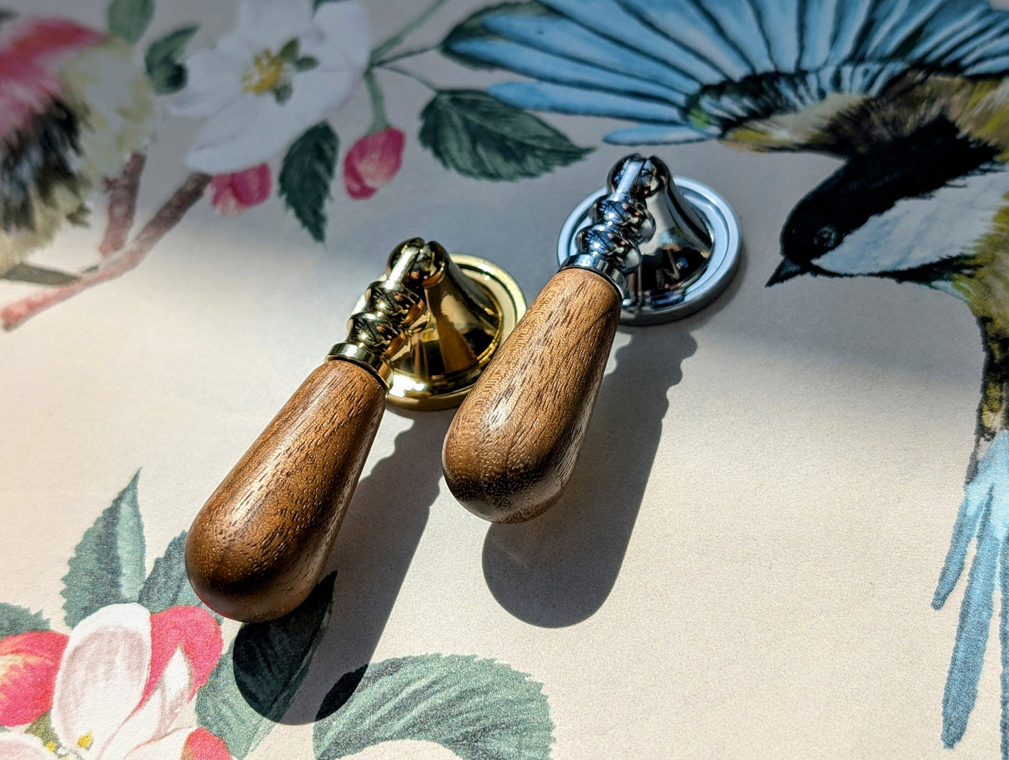 Walnut wood and brass drop handle/Wooden drop drawer pull/Gold or silver cabinet pull/Wooden furniture hardware/Dresser door knob