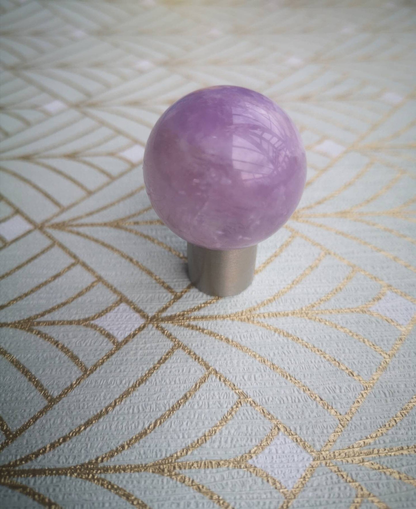 Purple Amethyst ball and silver drawer pull/Polished purple gemstone cabinet handle/Amethyst crystal and silver door knob/crystal hardware
