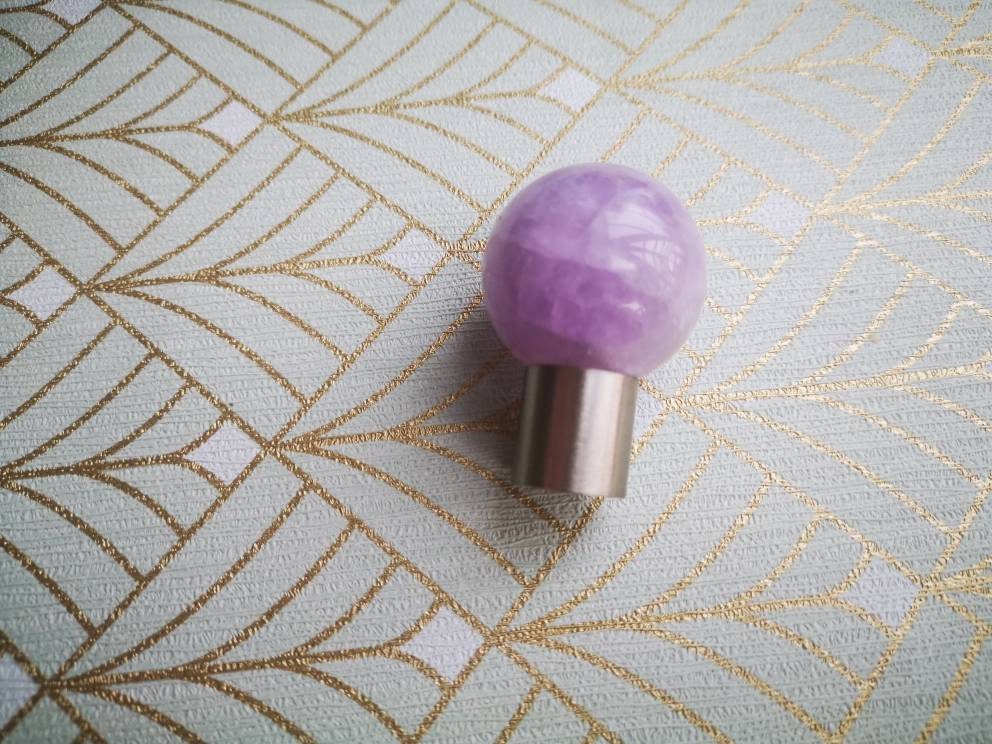 Purple Amethyst ball and silver drawer pull/Polished purple gemstone cabinet handle/Amethyst crystal and silver door knob/crystal hardware