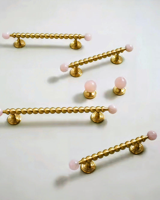 Brass & Pink Quartz Crystal Cabinet Handle: Bubble Style Drawer Pull