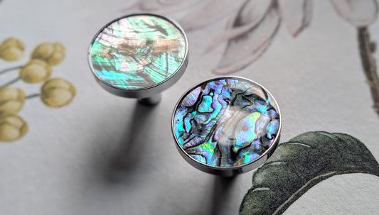 Shiny Silver Blue or White Abalone Shell Cabinet Pull: Art Deco Silver Drawer Knob