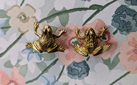 Gold Brass and Aged Bronze Frog or Toad Cabinet Knob: Novelty Brass Drawer Pull